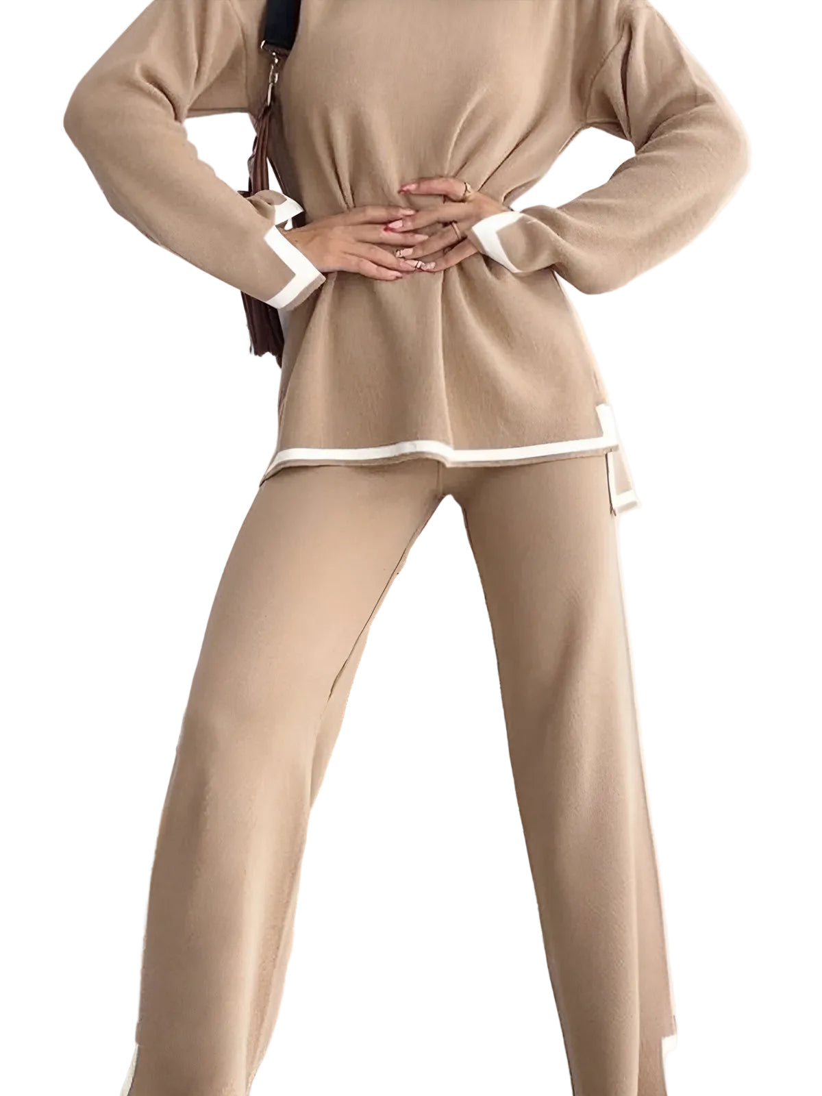 Women’s Contrast-Trim Knit Co-Ord Set – Relaxed Longline Top with Straight-Leg Trousers for Elevated Loungewear