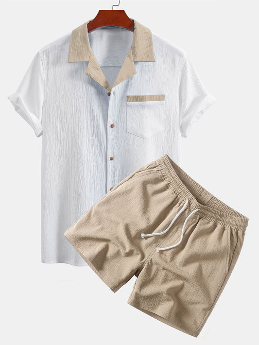 Men’s Crinkle Cuban Collar Co-Ord – Lightweight Shirt and Drawstring Shorts