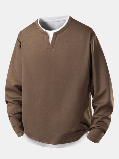 Men’s Layered Notch Neck Long-Sleeve T-Shirt – Relaxed Textured Casual Top