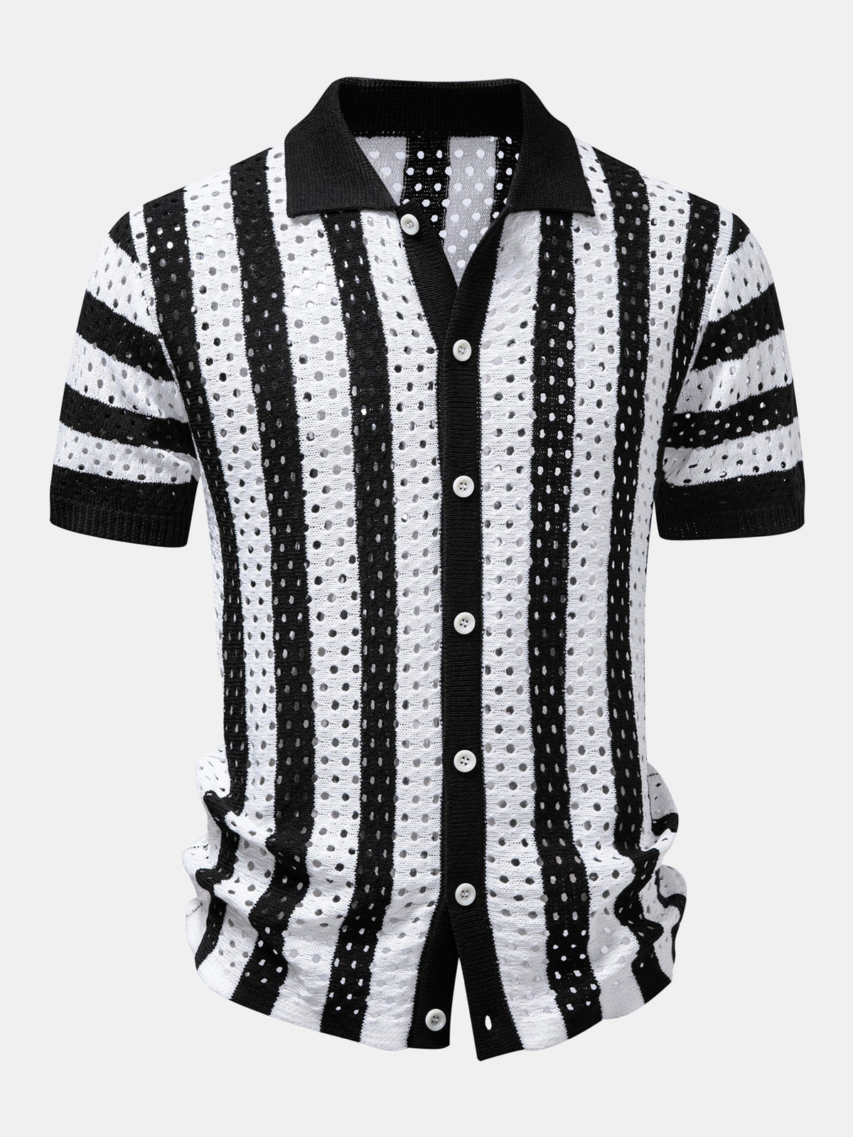 Men’s Printed Open-Knit Holiday Set – Button Shirt with Crinkle Drawstring Shorts