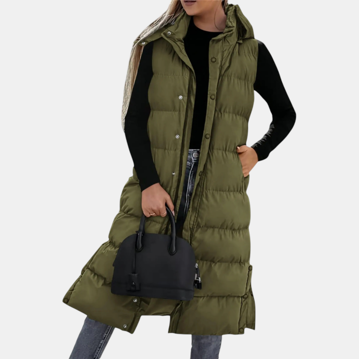 Women’s Longline Quilted Gilet – Hooded Sleeveless Padded Coat