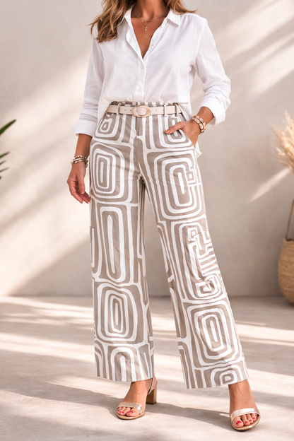 Women’s Two-Piece Set – Printed Shirt Blouse with Wide-Leg Trousers