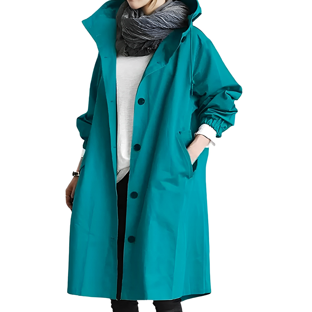 Women’s Longline Button-Front Raincoat – Lightweight Waterproof Hooded Jacket with Drawstring Collar for Wet-Weather Wear