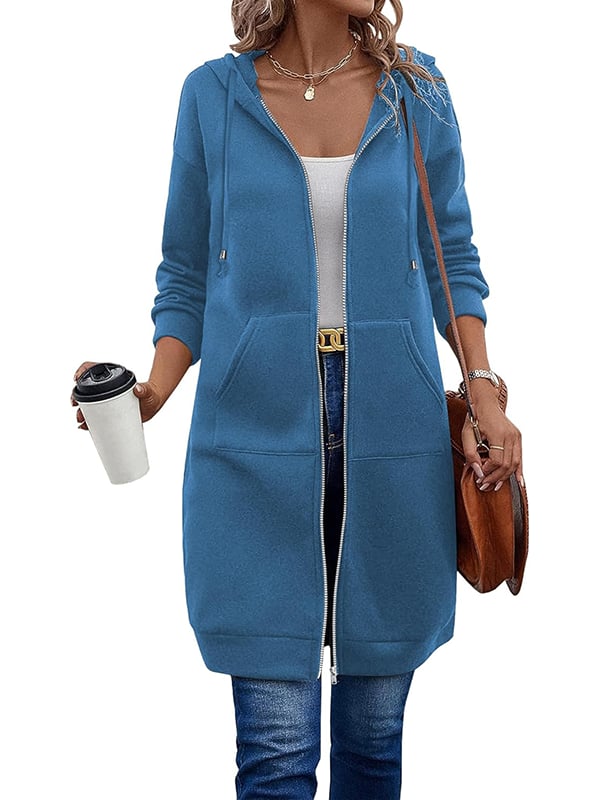 Women’s Longline Zip Hoodie – Knee-Length Brushed Hoodie with Drawcord
