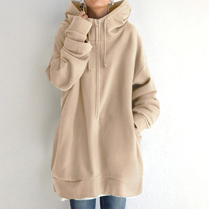 Women’s Oversized Zip-Up Hoodie – Longline Relaxed Sweatshirt Layer with Drawstring Hood for Everyday Comfort