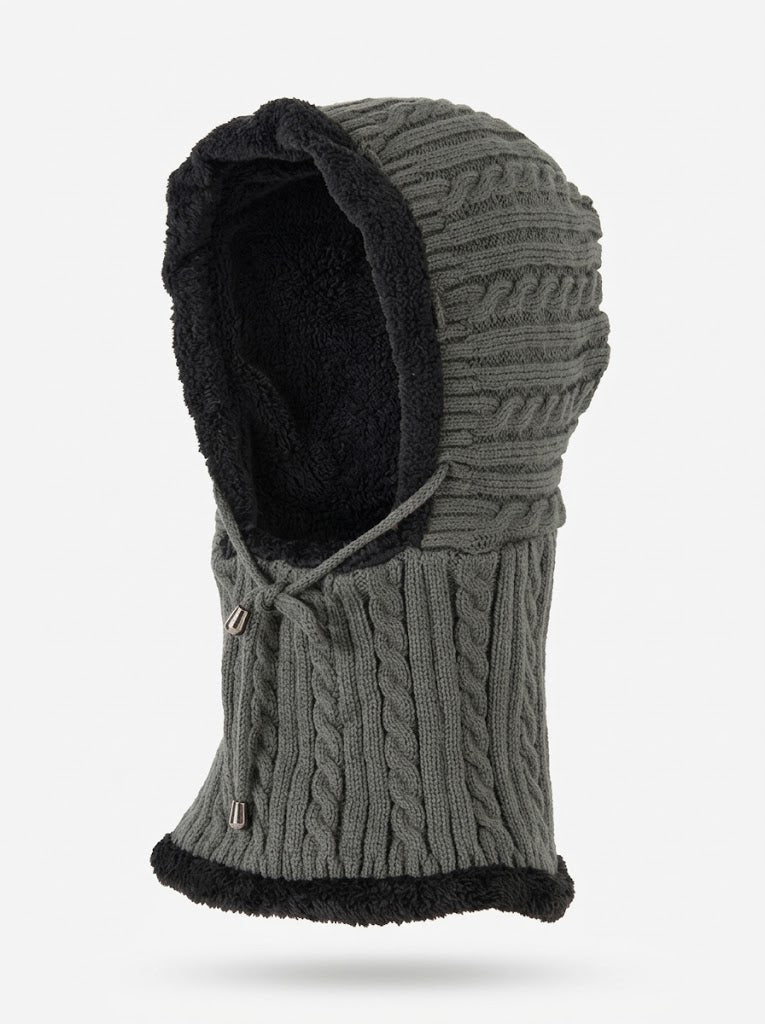 Women’s Knitted Balaclava Hood Scarf – Plush-Lined Cable-Knit Windproof Winter Neck Warmer with Adjustable Drawcord