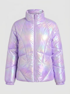 Women’s Iridescent Metallic Puffer Jacket – Lightweight Shimmer Winter Coat with Stand Collar