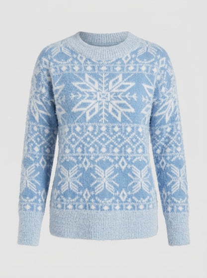 Women’s Nordic Snowflake Knit Sweater – Festive Crew-Neck Pullover for Winter Days