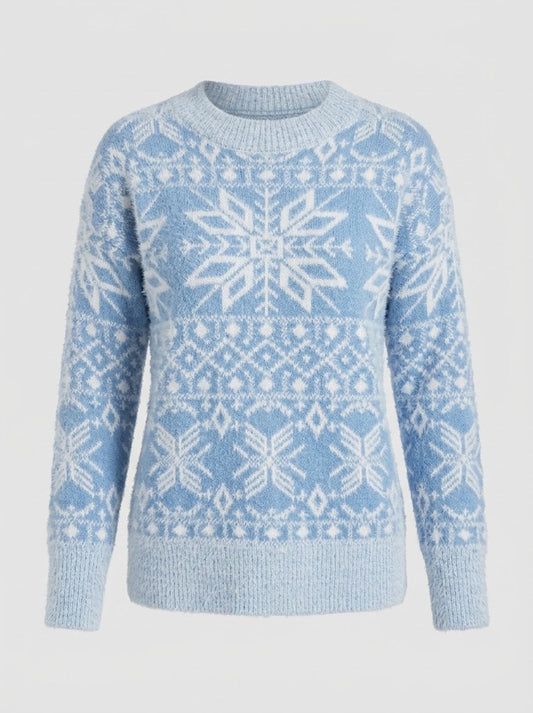 Women’s Nordic Snowflake Knit Sweater – Festive Crew-Neck Pullover for Winter Days