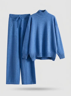 Women’s Mock-Neck Knit Co-Ord Set – Drawstring Wide-Leg Trousers for Autumn and Winter Leisurewear