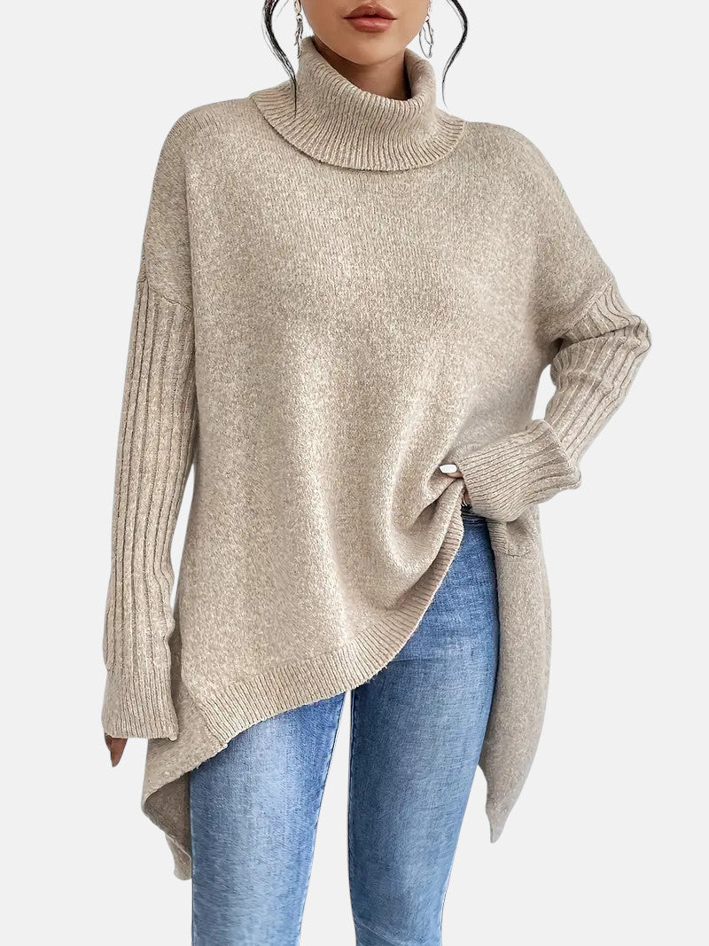 Women’s Oversized Roll-Neck Jumper – Batwing Sleeve Jumper with Dipped Hem
