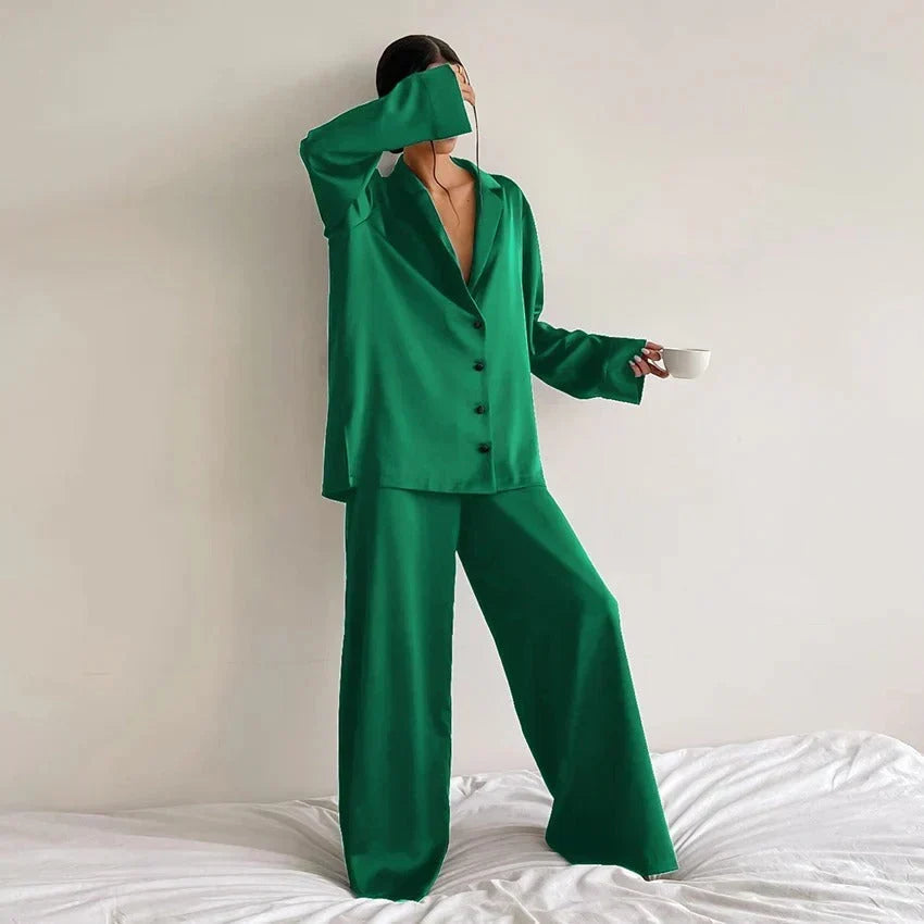 Women’s Relaxed Pyjama Co-Ord Set – Button-Up Long-Sleeve Shirt with Wide-Leg Trousers for Sleep and Lounge Wear