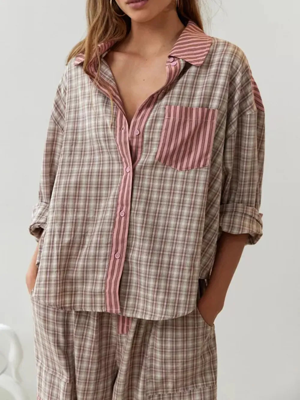 Women’s Striped Pajama Set – Relaxed Button-Up Sleepwear for Lounging and Rest