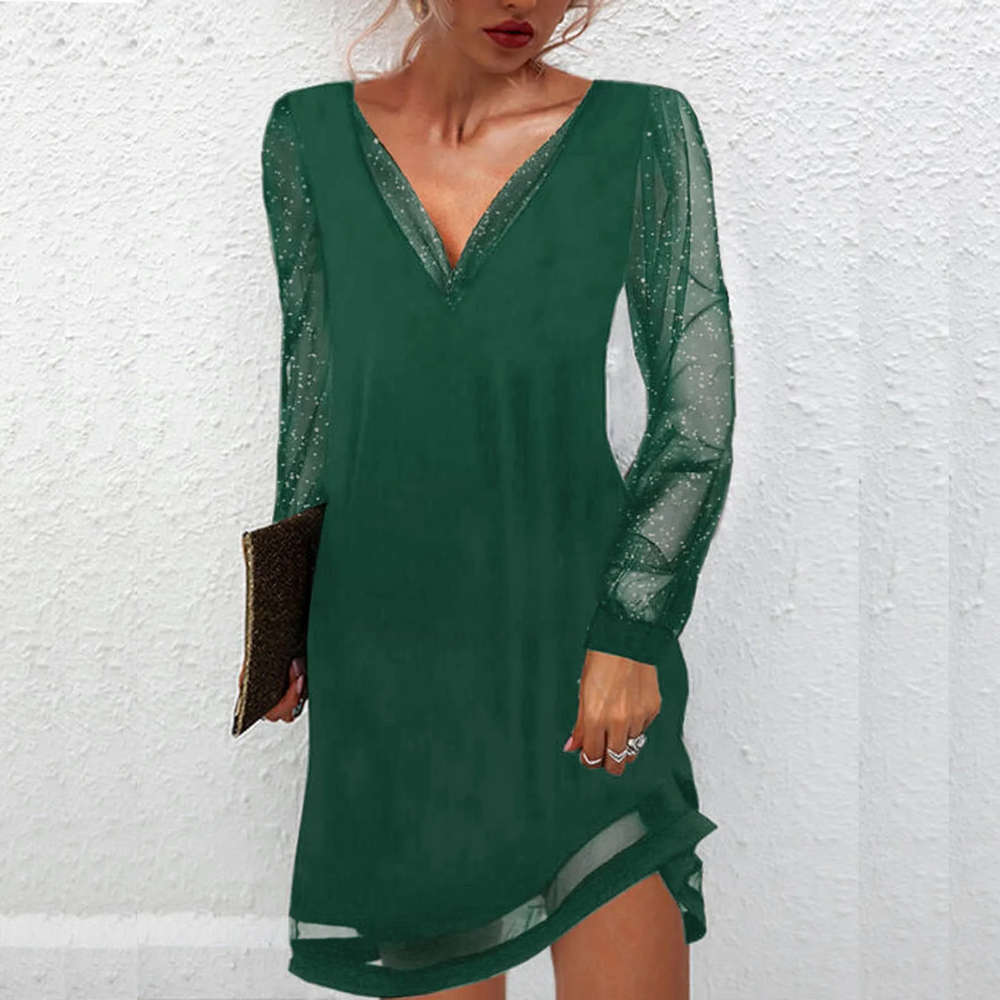 Women’s Party Dress – V-Neck with Shimmering Sleeves