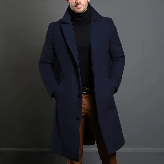 Men’s Longline Tailored Overcoat – Refined Single-Breasted Layer with Notched Lapels