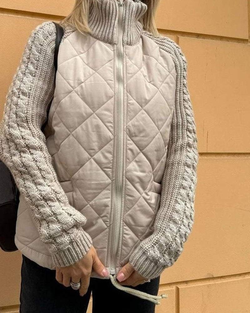 Women’s Quilted Jacket – Diamond-Quilted Jacket with Cable-Knit Sleeves