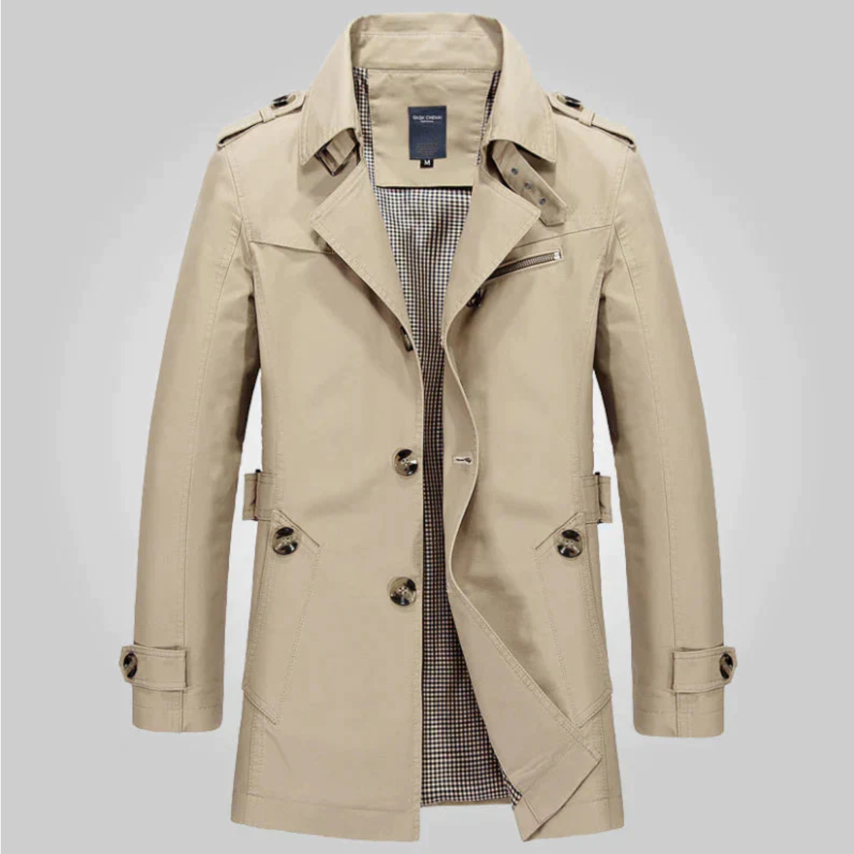 Men’s Double-Breasted Trench Coat – Tailored Mid-Length Outerwear with Epaulettes and Cuff Tabs