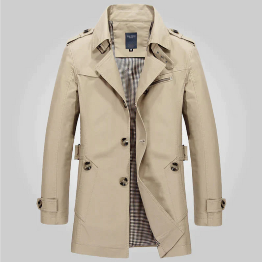 Men’s Double-Breasted Trench Coat – Tailored Mid-Length Outerwear with Epaulettes and Cuff Tabs