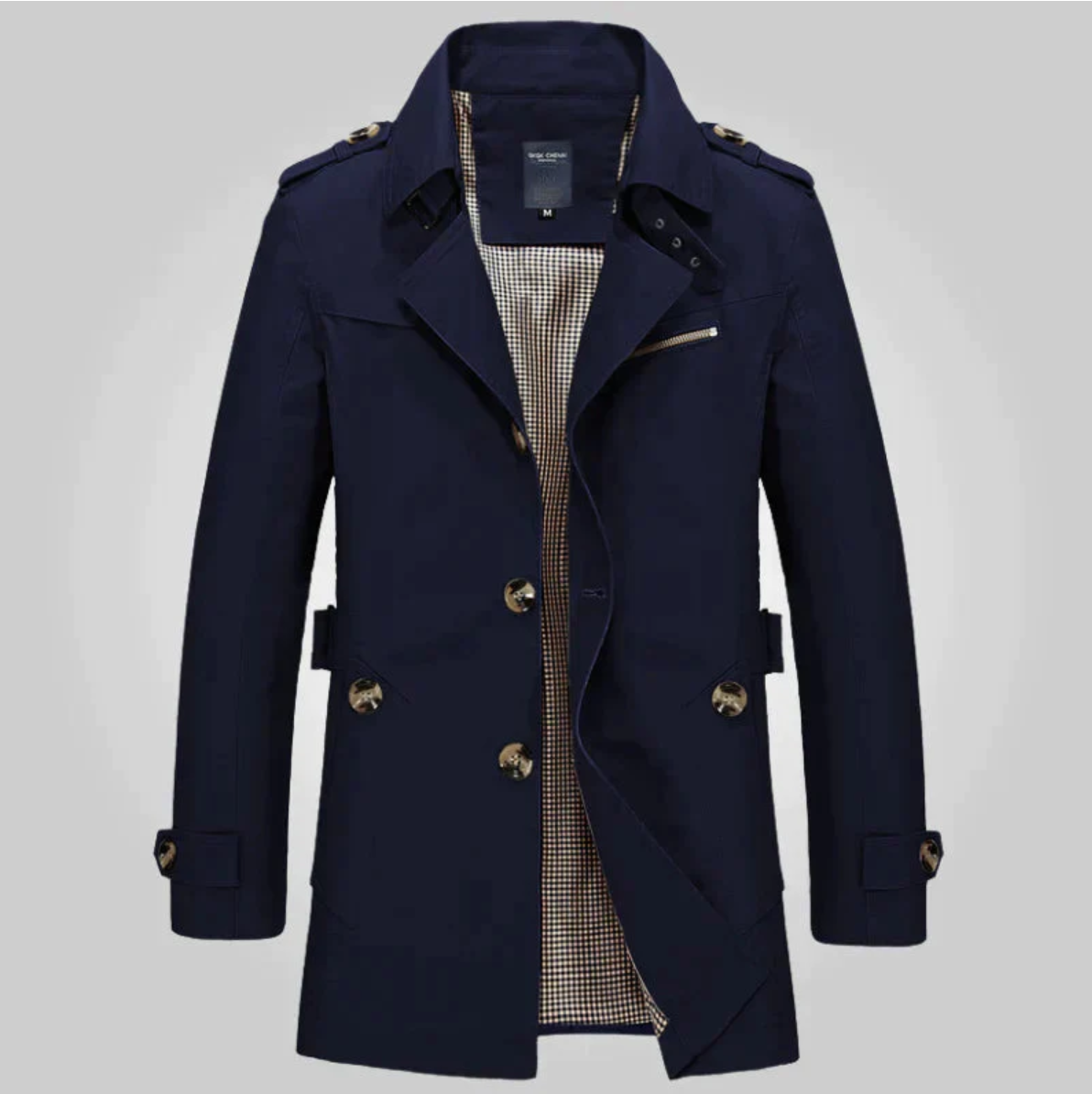 Men’s Double-Breasted Trench Coat – Tailored Mid-Length Outerwear with Epaulettes and Cuff Tabs