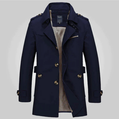Men’s Double-Breasted Trench Coat – Tailored Mid-Length Outerwear with Epaulettes and Cuff Tabs