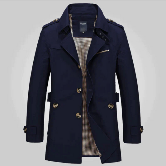 Men’s Double-Breasted Trench Coat – Tailored Mid-Length Outerwear with Epaulettes and Cuff Tabs