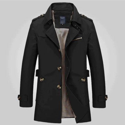 Men’s Double-Breasted Trench Coat – Tailored Mid-Length Outerwear with Epaulettes and Cuff Tabs