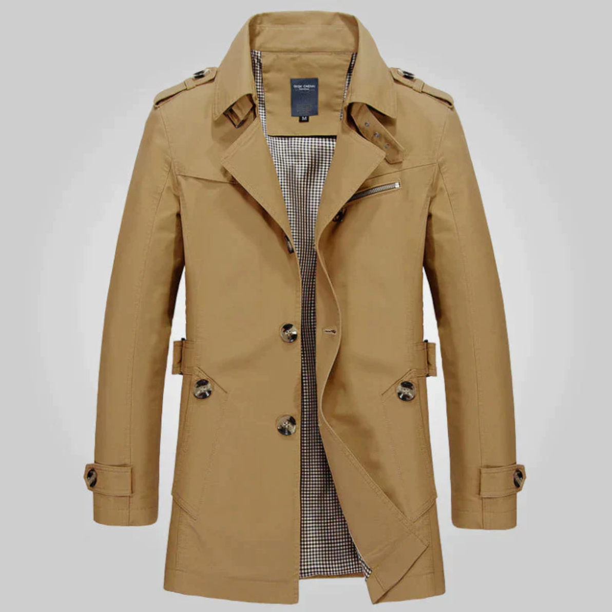 Men’s Double-Breasted Trench Coat – Tailored Mid-Length Outerwear with Epaulettes and Cuff Tabs