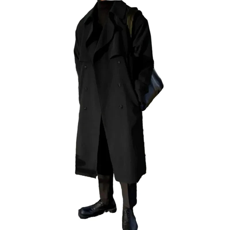 Men’s Longline Double-Breasted Trench Coat – Relaxed Tailored Layer with Wide Lapels and Storm Flap