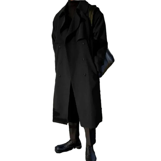 Men’s Longline Double-Breasted Trench Coat – Relaxed Tailored Layer with Wide Lapels and Storm Flap