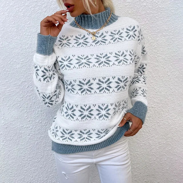 Women’s Snowflake Mock-Neck Knit Sweater – Cosy Winter Pullover for Festive Everyday Styling