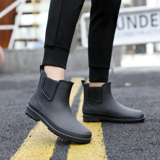 Men’s Waterproof Chelsea Rain Boots – Slip-On Ankle Design with Elastic Side Panels and Treaded Sole