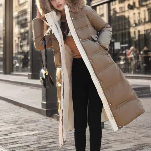 Women’s Belted Long Puffer Coat – Faux-Fur Hooded Quilted Winter Outerwear with Defined Waist and Extended Cold-Weather Coverage