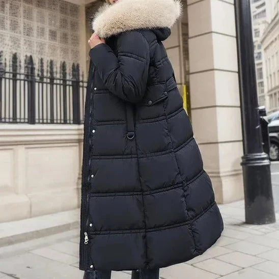 Women’s Belted Long Puffer Coat – Faux-Fur Hooded Quilted Winter Outerwear with Defined Waist and Extended Cold-Weather Coverage