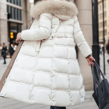 Women’s Belted Long Puffer Coat – Faux-Fur Hooded Quilted Winter Outerwear with Defined Waist and Extended Cold-Weather Coverage