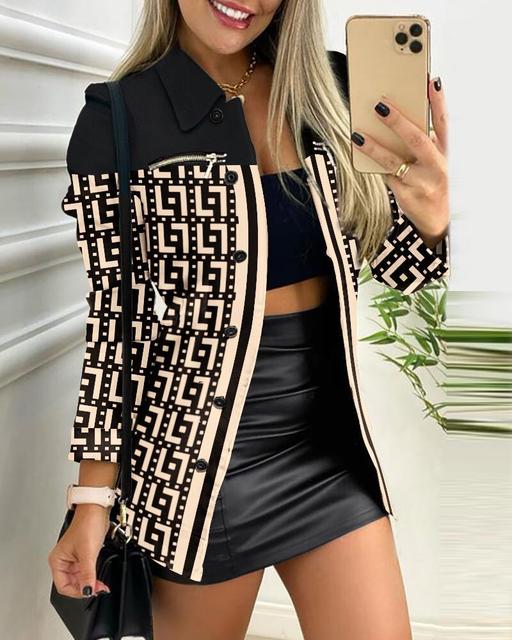 Women’s Geometric Print Shacket – Button-Front Shirt Jacket with Contrast Collar and Utility Pockets