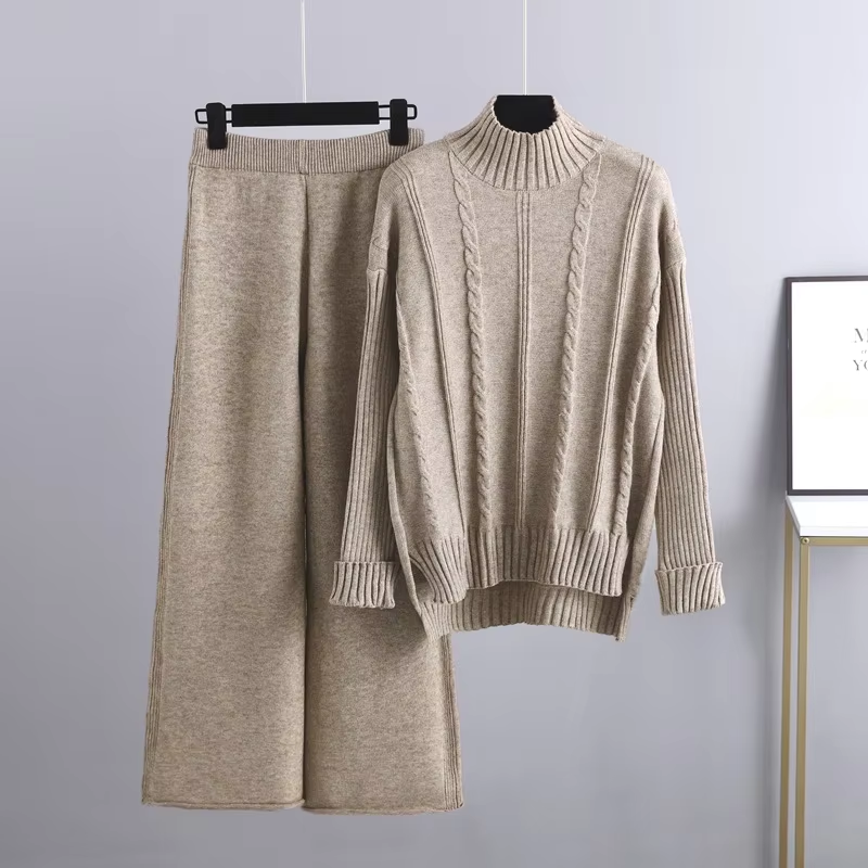 Women’s Ribbed Turtleneck Knit Set – Relaxed Long-Sleeve Jumper and Wide-Leg Trousers for Cold-Weather Wear