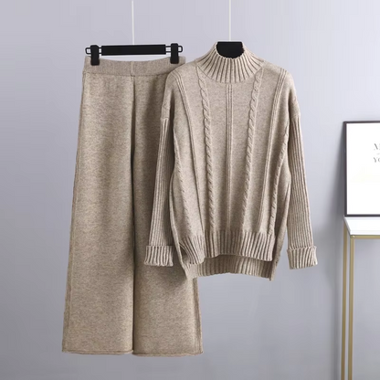 Women’s Ribbed Turtleneck Knit Set – Relaxed Long-Sleeve Jumper and Wide-Leg Trousers for Cold-Weather Wear