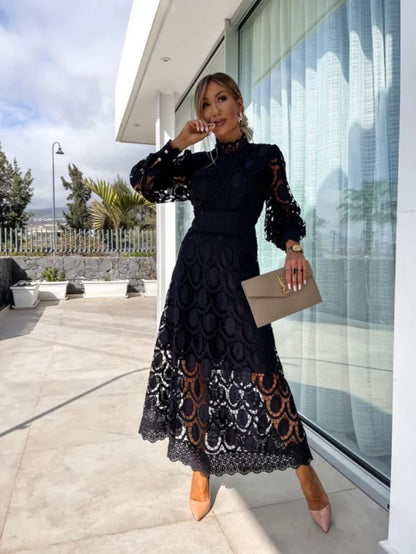 Women’s Lace Midi Dress – Long-Sleeve Occasion Style for Wedding Guests and Summer Events