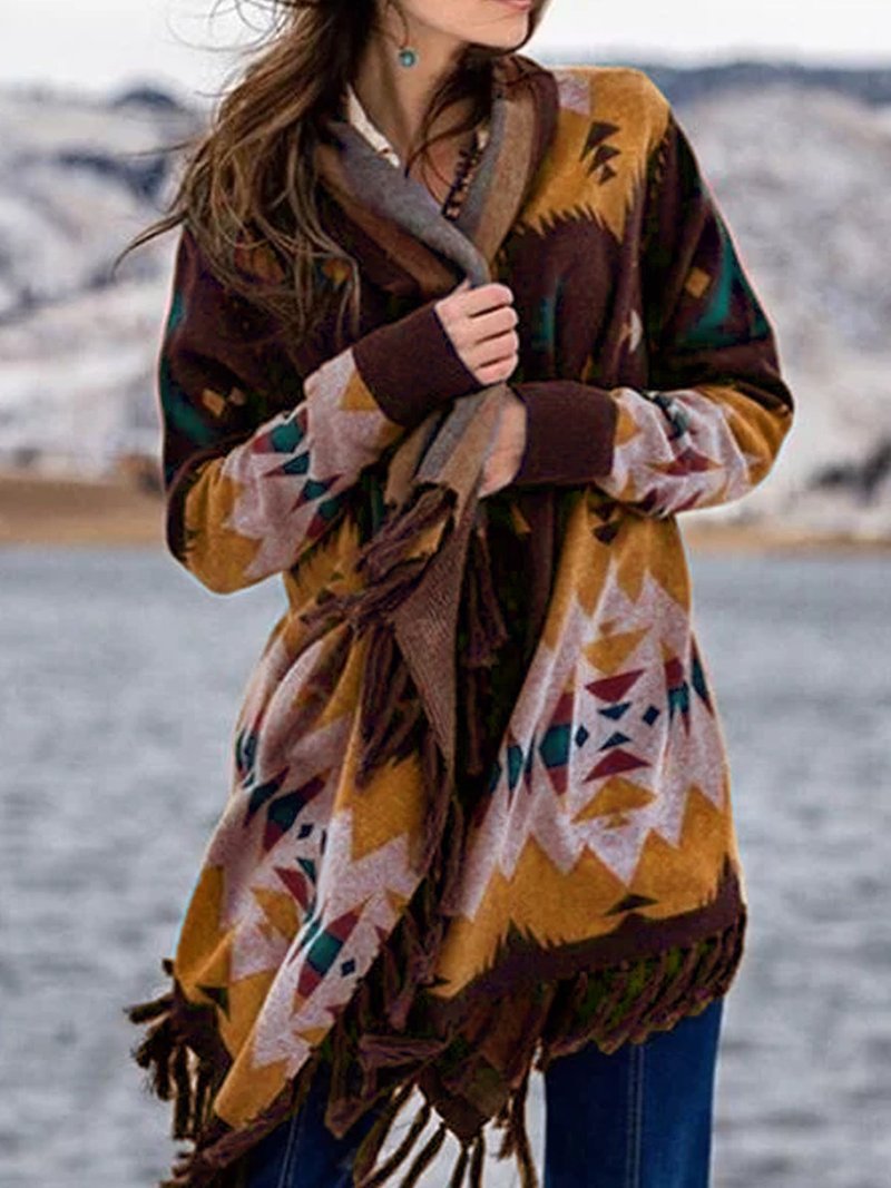 Women’s Patterned Fringed Wrap Cardigan – Relaxed Layer for Cooler Seasons