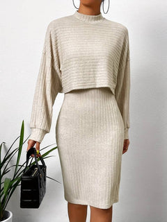 Women’s Ribbed Midi Skirt Two-Piece – Relaxed High-Neck Jumper for Autumn Smart Casual Wear