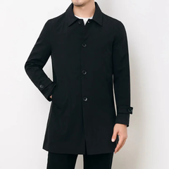 Men’s Single-Breasted Trench Coat – Streamlined Mid-Length Layer with Point Collar and Cuff Tabs