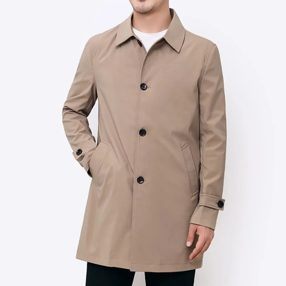 Men’s Single-Breasted Trench Coat – Streamlined Mid-Length Layer with Point Collar and Cuff Tabs
