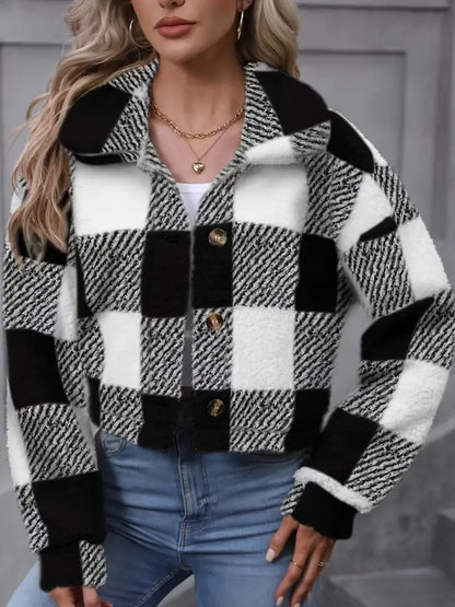 Women’s Checked Teddy Fleece Jacket – Soft Button-Front Winter Layer with Wide Collar for Cosy Everyday Styling