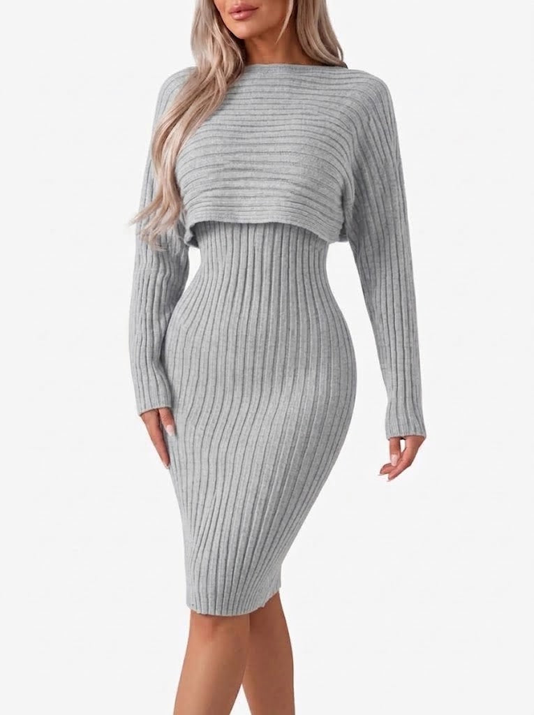 Women’s Ribbed Midi Skirt Co-Ord Set – Cropped Relaxed Long-Sleeve Top with Fitted Skirt for Work and City Wear