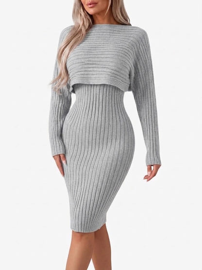 Women’s Ribbed Midi Skirt Co-Ord Set – Cropped Relaxed Long-Sleeve Top with Fitted Skirt for Work and City Wear