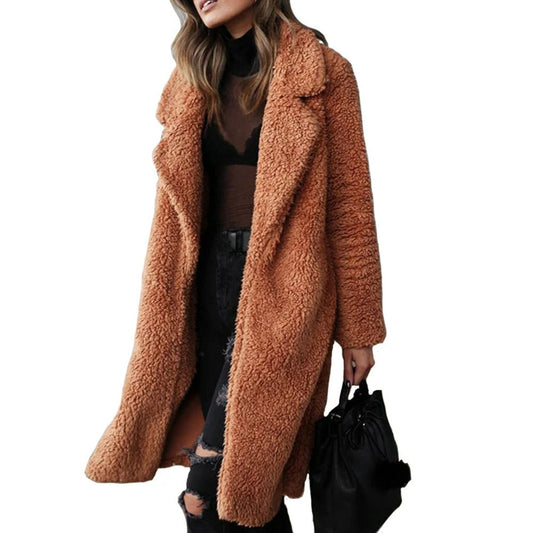 Women’s Plush Teddy Overcoat – Knee-Length Lapel Outerwear for Warm Refined Winter Dressing