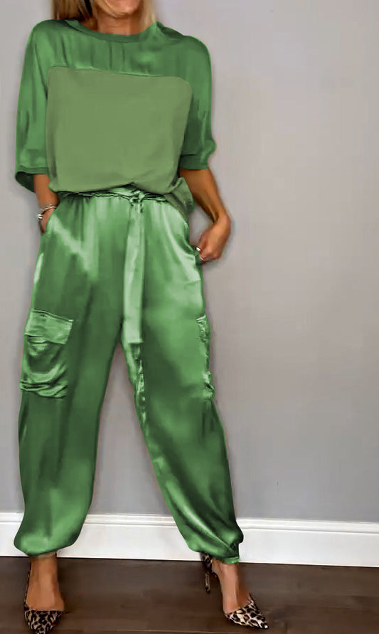 Women’s Relaxed Cargo Trouser Set – Short-Sleeve Top with Drawstring Waist for Smart Casual Wear