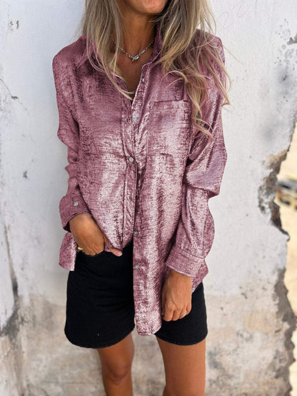 Women’s Metallic Button-Up Shirt – Relaxed Statement Layer for Day-to-Night Wear
