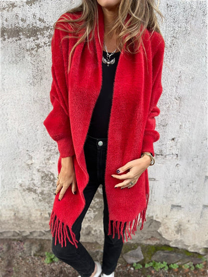 Women’s Long Cardigan – Shawl Collar with Fringed Hem