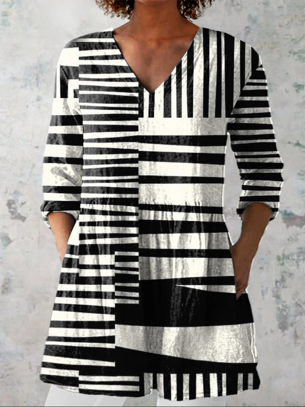 Women’s Blouse – V-Neck with Black and White Graphic Pattern